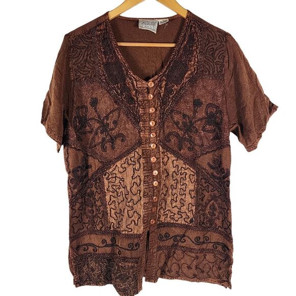 Speed Limit Brown Button Up Short Sleeve Dead Stock Vintage Top - Picture 1 of 5